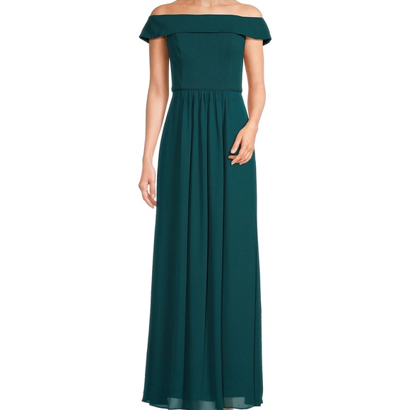 Adrianna Papell Hunter Green Off Shoulder Crepe Chiffon Gown Size 14 - Picture 3 of 5